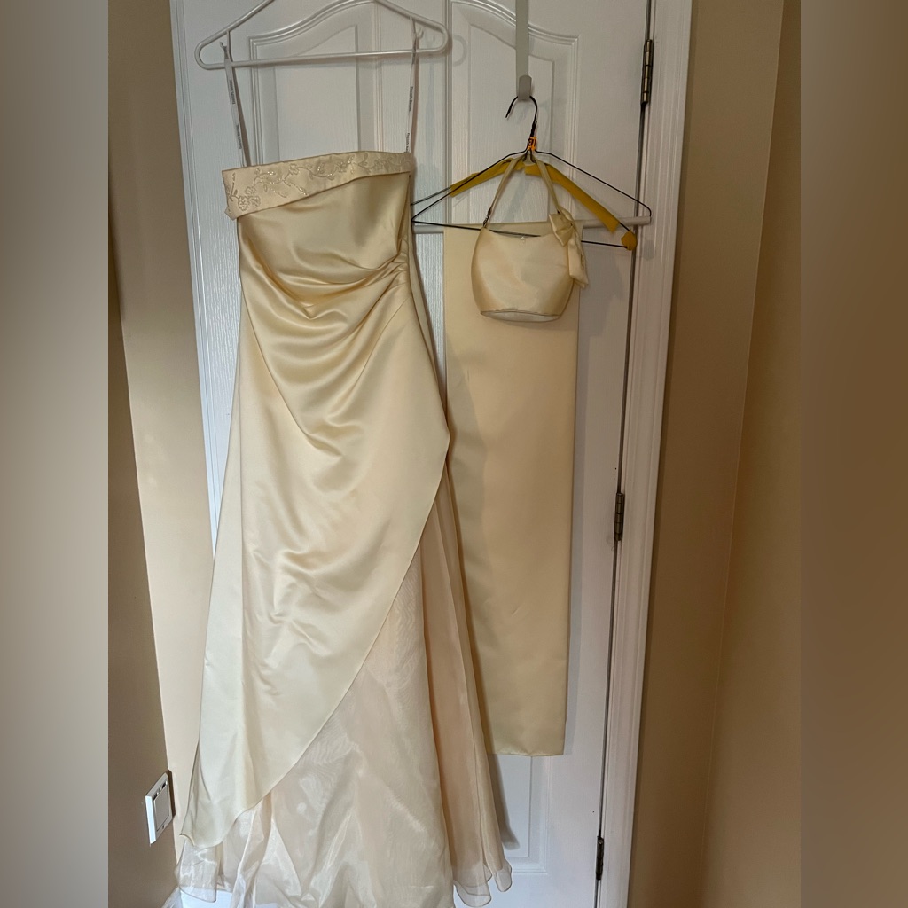 David’s Bridal Prom Dress With Shawl And Purse. Soft Yellow, Size 4.